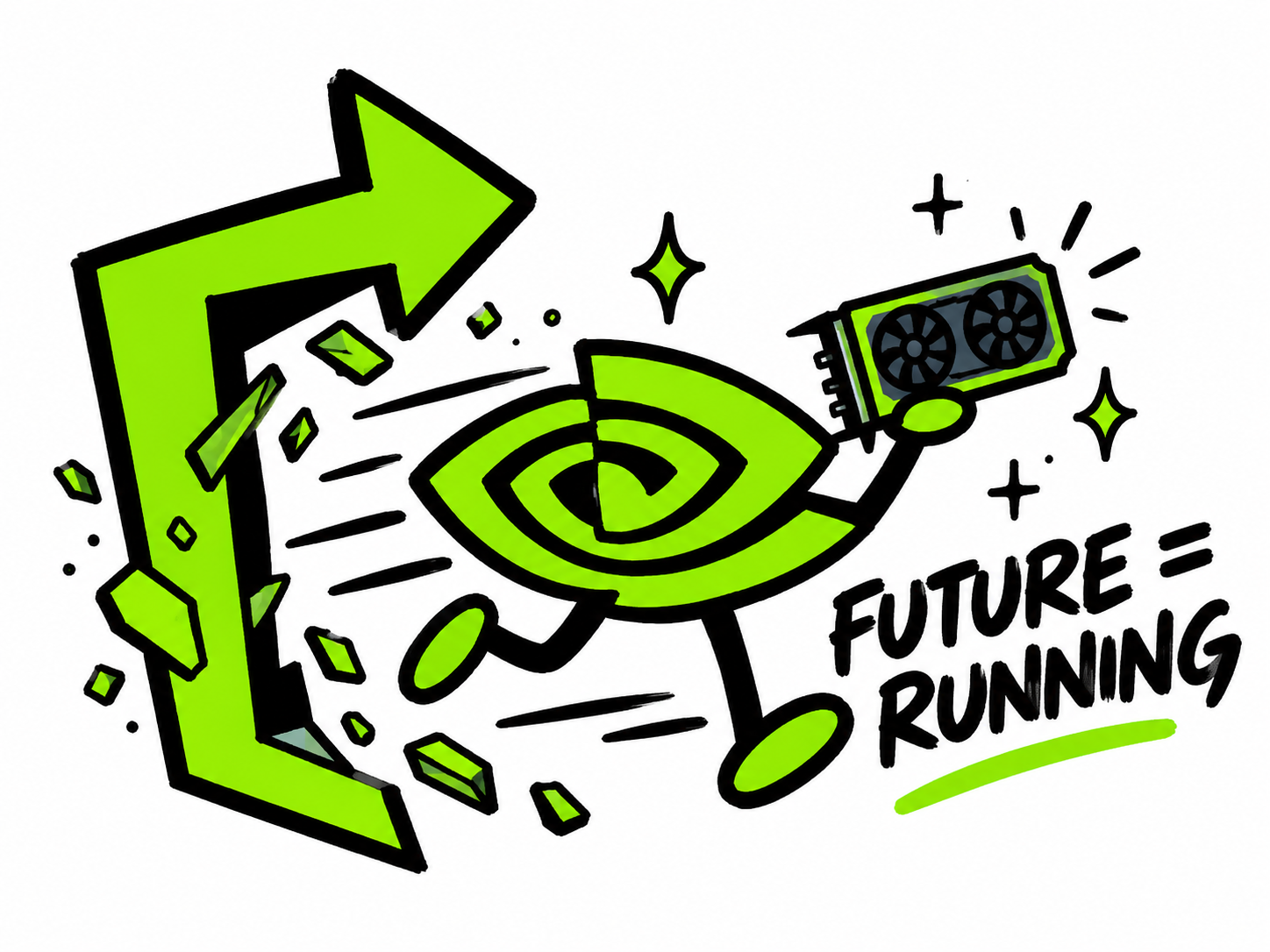 RUNS mascot smashing through a green arrow toward the future