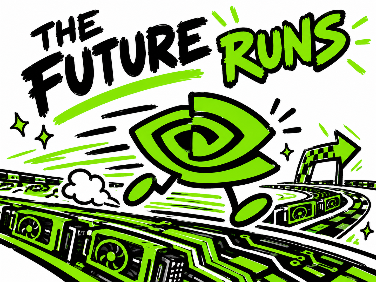 The future runs — green eye mascot sprinting over GPUs