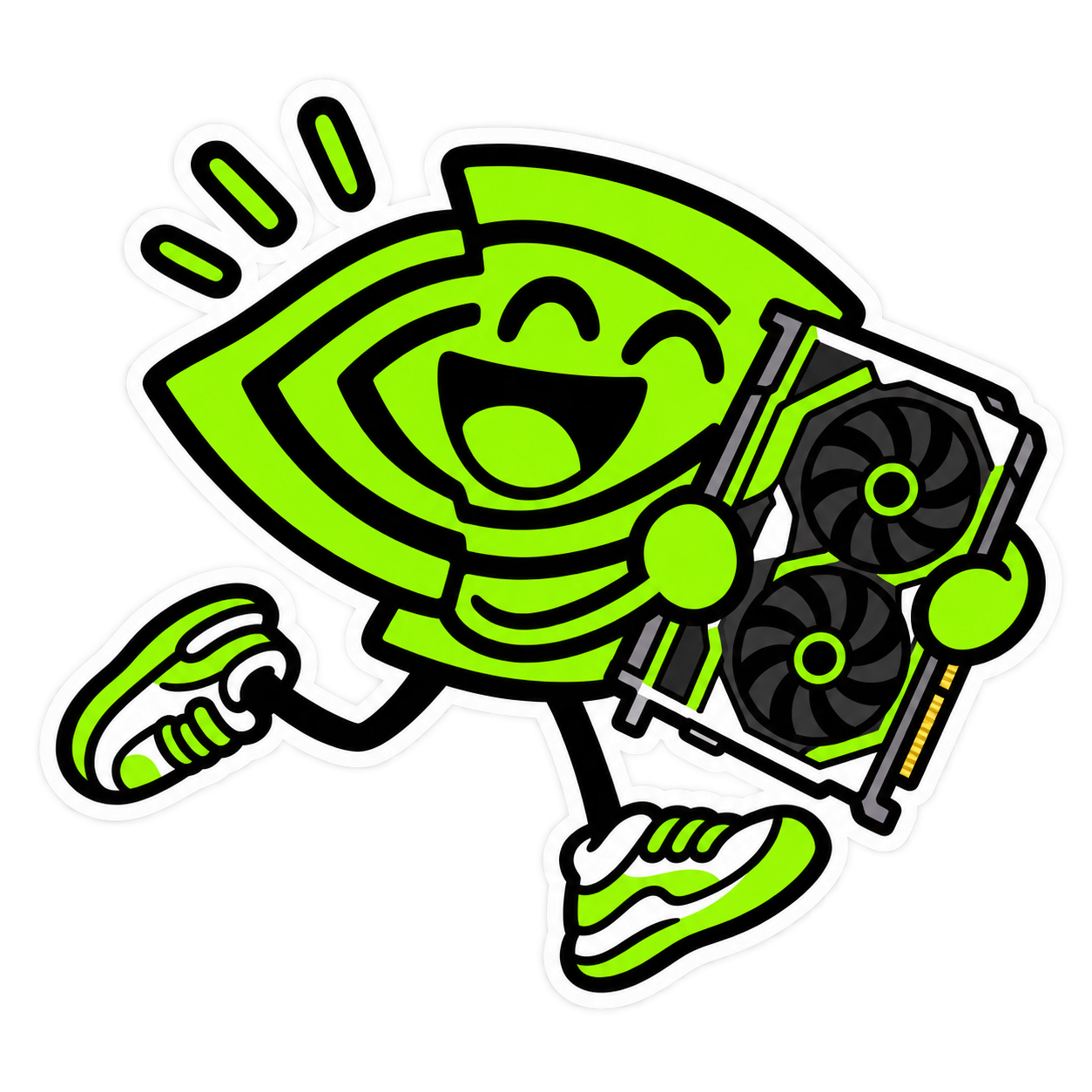 Mascot hugging a GPU sticker