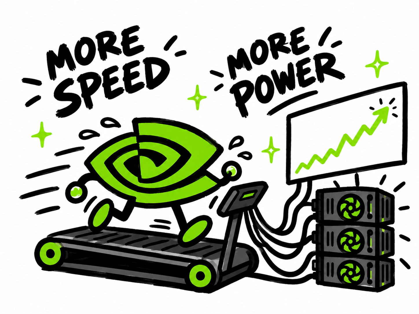 RUNS mascot on a treadmill powering GPU servers