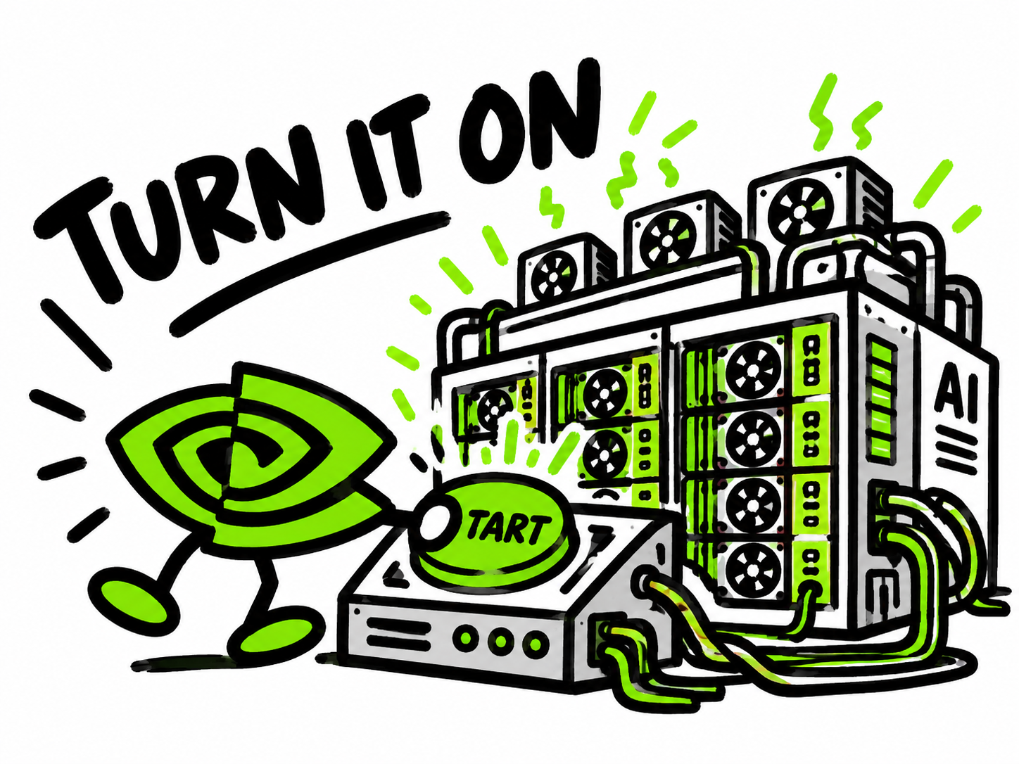 RUNS mascot turning on a huge AI machine
